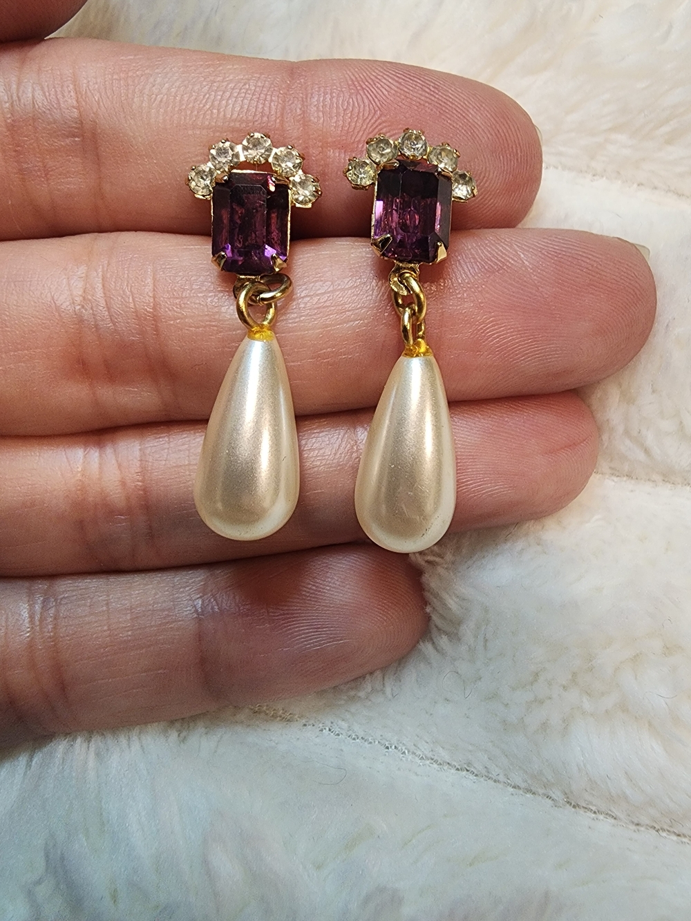 Vintage Purple Rhinestone Faux Pearl Drop Earrings 14K Gold Posts